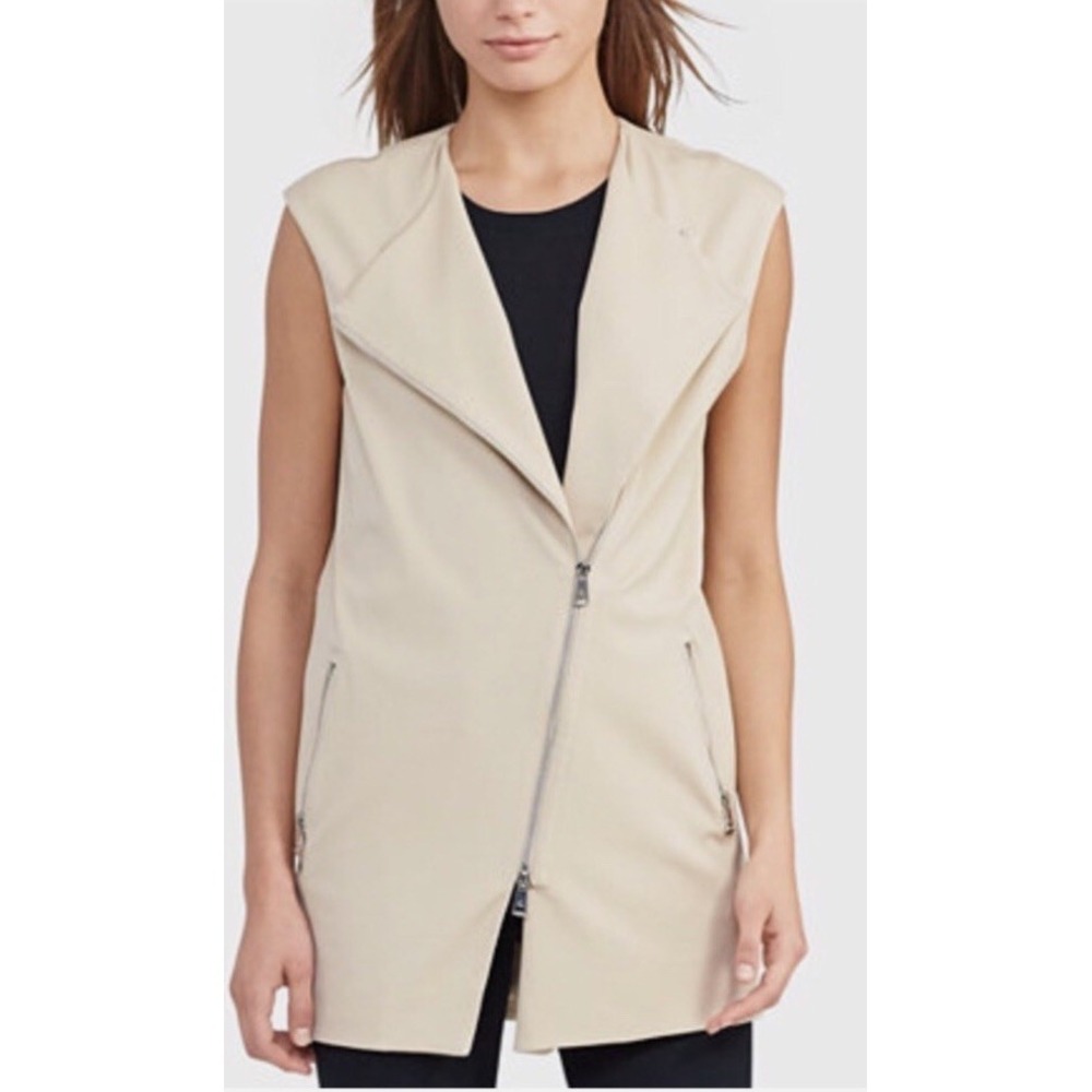 LAUREN RALPH LAUREN Wheat Brown Stretch Cotton Blend Twill Long Moto Vest 12